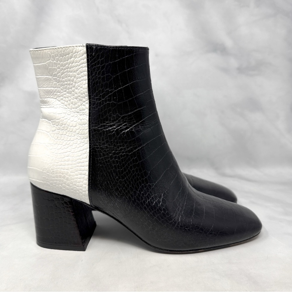 Freda Salvador Charm Angled Block Heel Croc Embossed Colorblock Ankle Boots 7.5